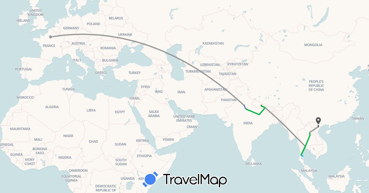 TravelMap itinerary: driving, bus, plane, cycling, hiking, boat, motorbike in France, India, Laos, Nepal, Thailand, Vietnam (Asia, Europe)